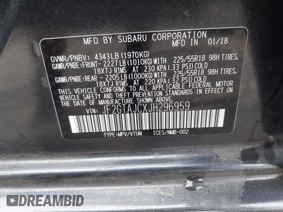 2018 Subaru Crosstrek Limited z VIN JF2GTAJCXJH296959, wystawiony jako IAAI lot #42425926 z przebiegiem 48 117 mil mil oraz . Historia ofert i sprzedaży dostępna na DreamBid. Obrazek 9.