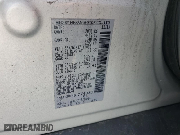 2016 Nissan Rogue SV with VIN 5N1AT2MT4GC774381, listed as a Copart auction lot 49072605 with 119,261 mi miles and Salvage Title. Bid and sale history available at carsss.com. Image 13.