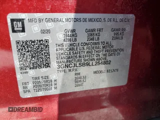 2020 Chevrolet Trax LT with VIN 3GNCJLSB9LL254802, listed as a Copart auction lot 52716865 with 59,831 mi miles and Salvage Title. Bid and sale history available at carsss.com. Image 14.