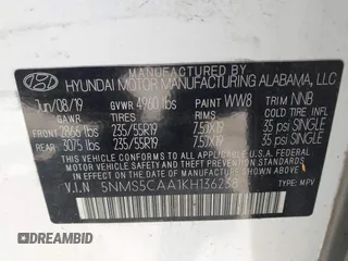 2019 Hyundai Santa Fe Limited z VIN 5NMS5CAA1KH136238, wystawiony jako IAAI lot #42314285 z przebiegiem 74 606 mil mil oraz . Historia ofert i sprzedaży dostępna na DreamBid. Obrazek 9.