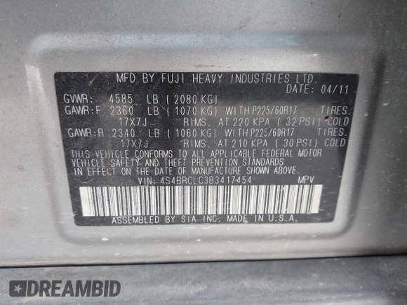 2011 Subaru Outback Limited Power Moon with VIN 4S4BRCLC3B3417454, listed as a IAAI auction lot 42637012 with 141,719 mi miles and . Bid and sale history available at DreamBid. Image 9.
