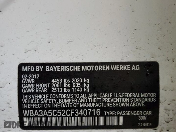 2012 BMW 3 Series 328i with VIN WBA3A5C52CF340716, listed as a Copart auction lot 45593695 with 136,127 mi miles and Salvage Title. Bid and sale history available at carsss.com. Image 14.