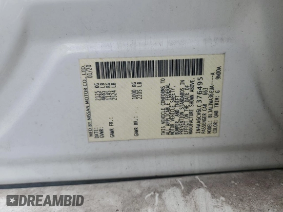 2020 Nissan Maxima SV z VIN 1N4AA6CV6LC376495, wystawiony jako Copart lot #55772755 z przebiegiem 58 078 mil mil oraz Szkoda całkowita • Salvage title. Historia ofert i sprzedaży dostępna na DreamBid. Obrazek 12.