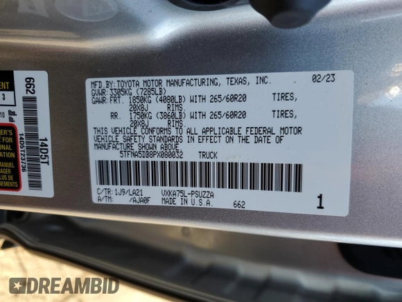 2023 Toyota Tundra Platinum с VIN 5TFNA5DB8PX080032, выставлен на аукционе Copart как лот 42723895 с пробегом 13 710 миль миль и Списание • Salvage title. История ставок и продаж доступна на DreamBid. Изображение 12.