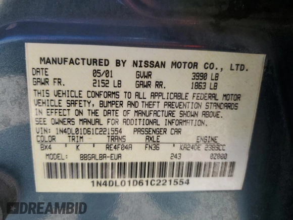 2001 Nissan Altima GXE with VIN 1N4DL01D61C221554, listed as a Copart auction lot 53425575 with 77,408 mi miles and Salvage Title. Bid and sale history available at carsss.com. Image 12.