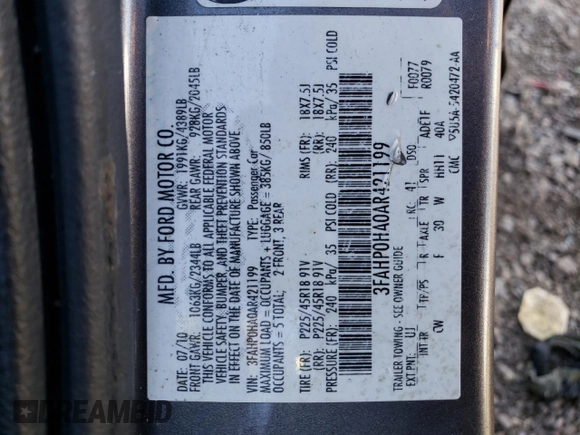 2010 Ford Fusion SE with VIN 3FAHP0HA0AR421199, listed as a Copart auction lot 69568174 with 152,729 mi miles and Salvage Title. Bid and sale history available at DreamBid. Image 15.