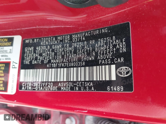 2014 Toyota Camry L with VIN 4T1BF1FK7EU800358, listed as a IAAI auction lot 42022943 with 1 mi miles. Bid and sale history available at carsss.com. Image 9.