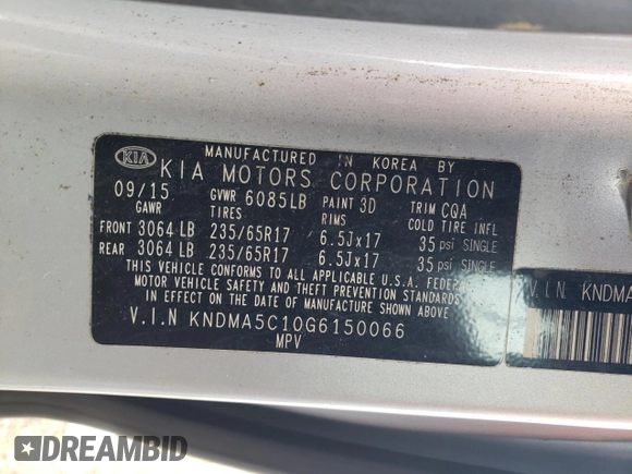 2016 Kia Sedona L with VIN KNDMA5C10G6150066, listed as a Copart auction lot 43345925 with 135,660 mi miles and Salvage Title. Bid and sale history available at carsss.com. Image 14.