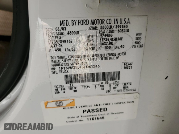 2003 Ford F-250 XL z VIN 1FTNW21L43ED61246, wystawiony jako Copart lot #89172355 z przebiegiem 174 011 mil mil oraz Szkoda całkowita • Salvage title. Historia ofert i sprzedaży dostępna na DreamBid. Obrazek 13.