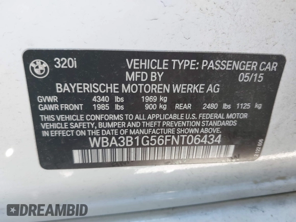 2015 BMW 3 Series 320i with VIN WBA3B1G56FNT06434, listed as a IAAI auction lot 41772918 with 76,782 mi miles. Bid and sale history available at carsss.com. Image 9.