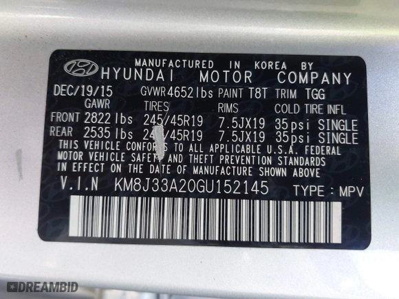 2016 Hyundai Tucson Sport with VIN KM8J33A20GU152145, listed as a IAAI auction lot 41250885 with 117,841 mi miles. Bid and sale history available at carsss.com. Image 9.