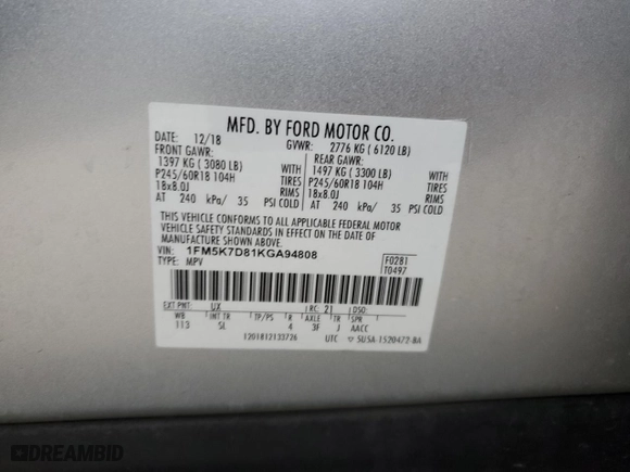 2019 Ford Explorer XLT with VIN 1FM5K7D81KGA94808, listed as a Copart auction lot 46524595 with 45,280 mi miles and Salvage Title. Bid and sale history available at carsss.com. Image 14.