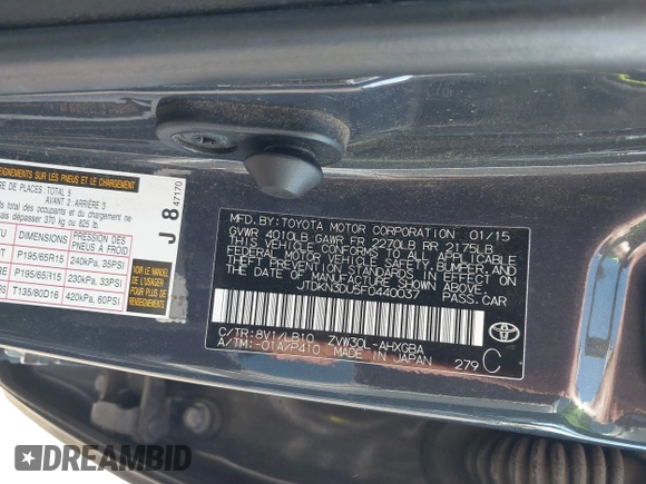 2015 Toyota Prius Four with VIN JTDKN3DU5F0440037, listed as a IAAI auction lot 41847530 with 160,793 mi miles. Bid and sale history available at carsss.com. Image 9.