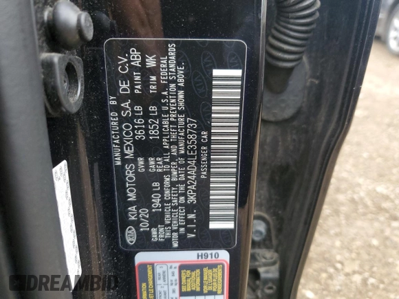 2020 Kia Rio LX with VIN 3KPA24AD4LE358737, listed as a Copart auction lot 65795064 with 27,195 mi miles and Salvage Title. Bid and sale history available at carsss.com. Image 12.