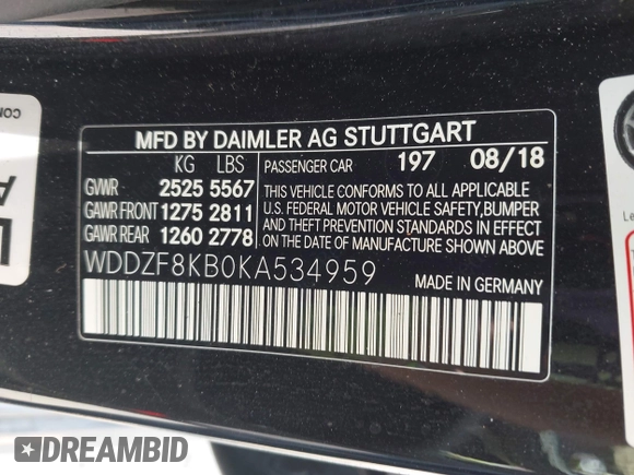 2019 Mercedes-Benz E 63 S AMG with VIN WDDZF8KB0KA534959, listed as a IAAI auction lot 42401507 with 61,356 mi miles and . Bid and sale history available at DreamBid. Image 9.