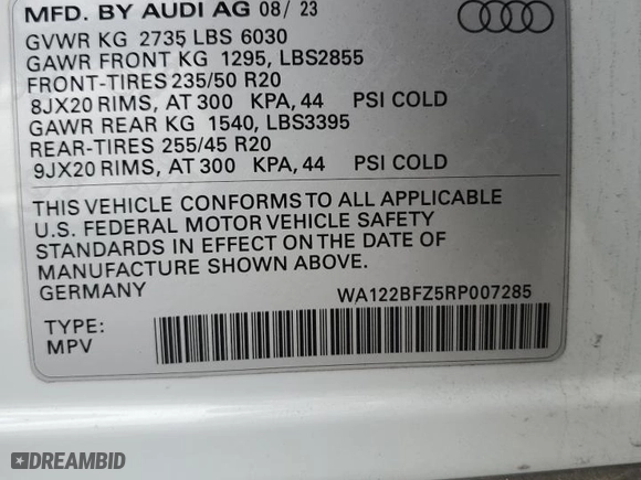2024 Audi Q4 e-tron Sportback Premium with VIN WA122BFZ5RP007285, listed as a Copart auction lot 82339564 with 12,006 mi miles and Salvage Title. Bid and sale history available at carsss.com. Image 12.