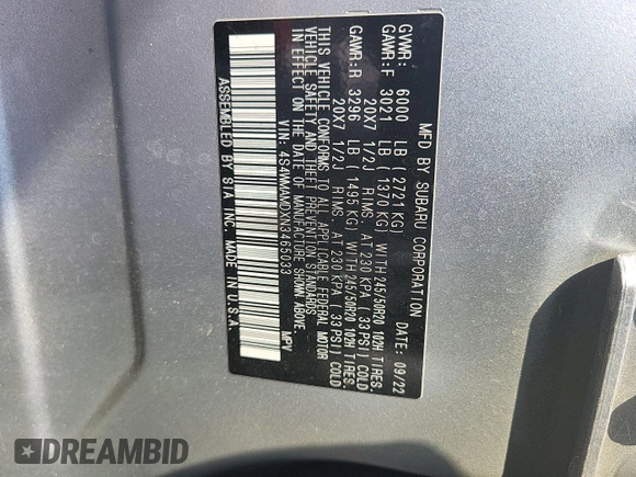 2022 Subaru Ascent Limited with VIN 4S4WMAMDXN3465033, listed as a IAAI auction lot 42724966 with 55,586 mi miles and . Bid and sale history available at DreamBid. Image 16.