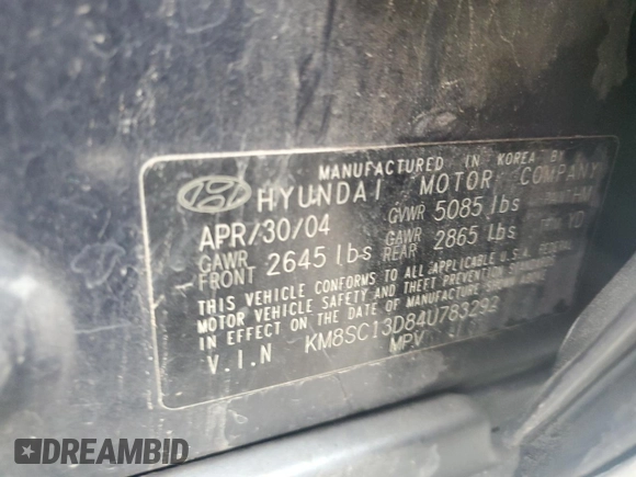 2004 Hyundai Santa Fe GLS with VIN KM8SC13D84U783292, listed as a Copart auction lot 44213045 with 0 mi miles and Salvage Title. Bid and sale history available at carsss.com. Image 14.