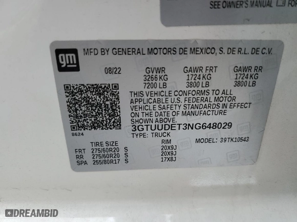 2022 GMC Sierra 1500 SLT with VIN 3GTUUDET3NG648029, listed as a Copart auction lot 79258414 with 0 mi miles and Salvage Title. Bid and sale history available at carsss.com. Image 13.