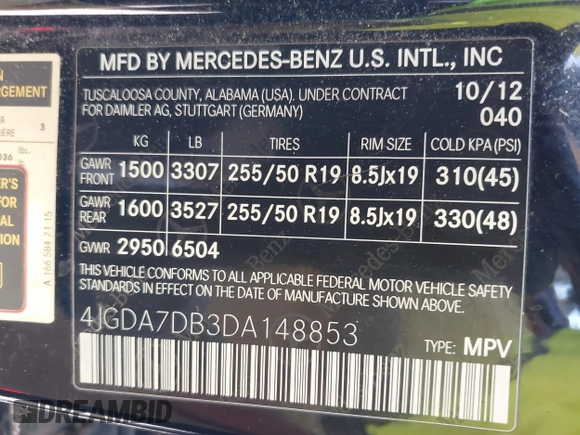 2013 Mercedes-Benz M 550 with VIN 4JGDA7DB3DA148853, listed as a IAAI auction lot 41659913 with 203,055 mi miles and . Bid and sale history available at DreamBid. Image 9.