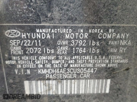 2012 Hyundai Elantra GLS с VIN KMHDH4AE3CU305447, выставлен на аукционе Copart как лот 57603635 с пробегом 181 786 миль миль и Чистый • Clean title. История ставок и продаж доступна на DreamBid. Изображение 12.