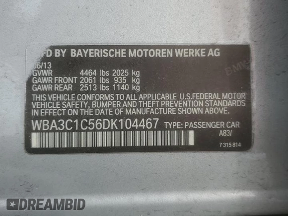 2013 BMW 3 Series 328i with VIN WBA3C1C56DK104467, listed as a Copart auction lot 50754775 with 95,528 mi miles and Salvage Title. Bid and sale history available at carsss.com. Image 13.