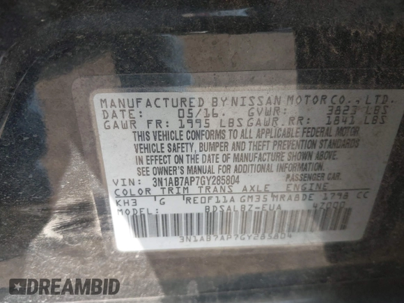2016 Nissan Sentra SR with VIN 3N1AB7AP7GY285804, listed as a IAAI auction lot 41536766 with 96,888 mi miles and . Bid and sale history available at DreamBid. Image 9.