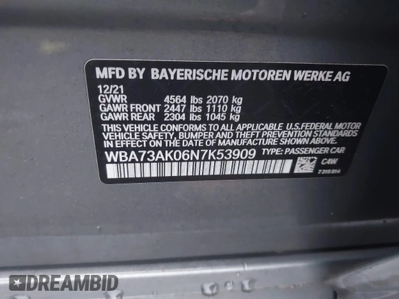 2022 BMW 2 Series 228i xDrive with VIN WBA73AK06N7K53909, listed as a IAAI auction lot 41452616 with 19,514 mi miles and . Bid and sale history available at carsss.com. Image 9.