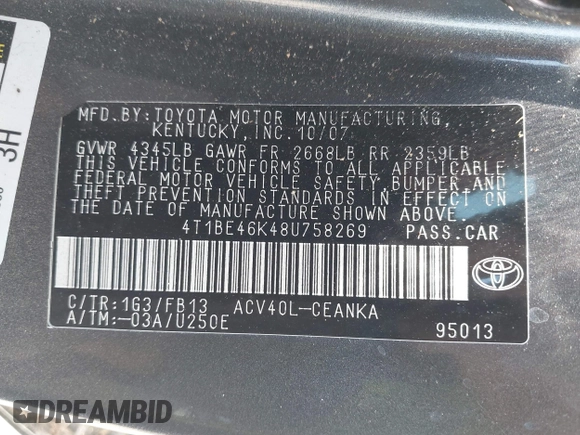 2008 Toyota Camry LE with VIN 4T1BE46K48U758269, listed as a IAAI auction lot 42242048 with 153,847 mi miles and . Bid and sale history available at DreamBid. Image 9.