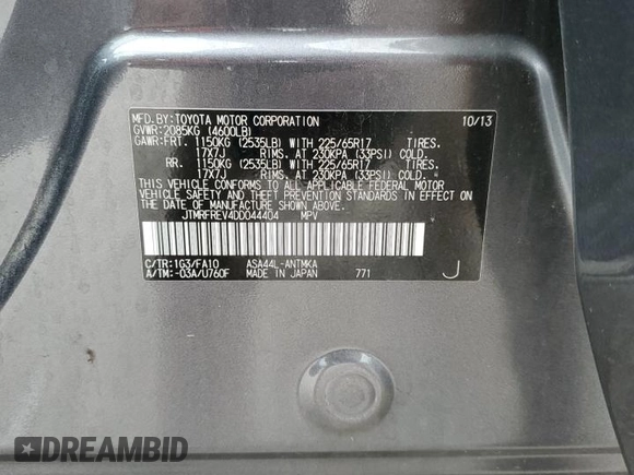 2013 Toyota RAV4 XLE with VIN JTMRFREV4DD044404, listed as a Copart auction lot 57251405 with 240,963 mi miles and Salvage title. Bid and sale history available at DreamBid. Image 13.
