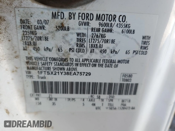 2008 Ford Super Duty F-250 SRW XL with VIN 1FTSX21Y38EA75729, listed as a Copart auction lot 85907764 with 149,201 mi miles and Salvage Title. Bid and sale history available at carsss.com. Image 12.