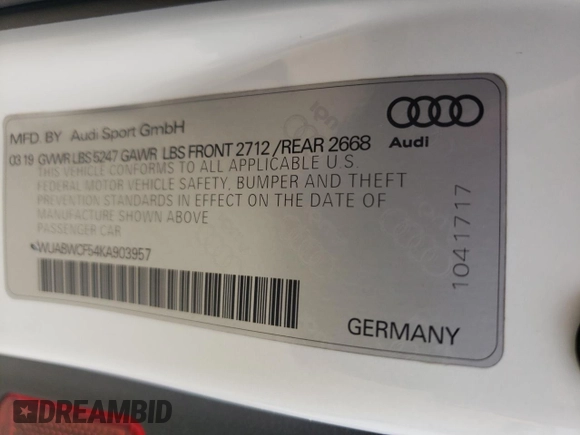 2019 Audi RS 5 Sportback z VIN WUABWCF54KA903957, wystawiony jako Copart lot #49552262 z przebiegiem Nie podano mil oraz . Historia ofert i sprzedaży dostępna na DreamBid. Obrazek 10.