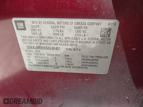 2016 GMC Terrain SLE with VIN 2GKALMEKXG6246461, listed as a IAAI auction lot 42003819 with 107,582 mi miles. Bid and sale history available at carsss.com. Image 9.
