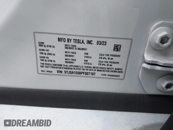 2023 Tesla Model S Plaid with VIN 5YJSA1E68PF507197, listed as a IAAI auction lot 42062258 with Not provided miles and . Bid and sale history available at DreamBid. Image 9.