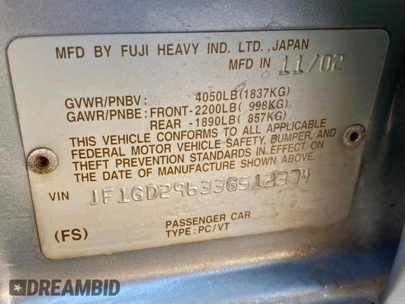 2003 Subaru Impreza WRX с VIN JF1GD29633G512374, выставлен на аукционе Copart как лот 58000895 с пробегом 186 725 миль миль и Чистый • Clean title. История ставок и продаж доступна на DreamBid. Изображение 10.
