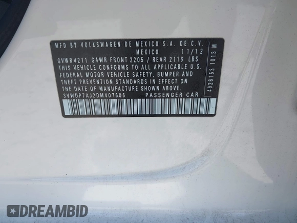 2013 Volkswagen Jetta SE с VIN 3VWDP7AJ2DM407606, выставлен на аукционе IAAI как лот 42028385 с пробегом 249 972 миль миль и . История ставок и продаж доступна на DreamBid. Изображение 9.