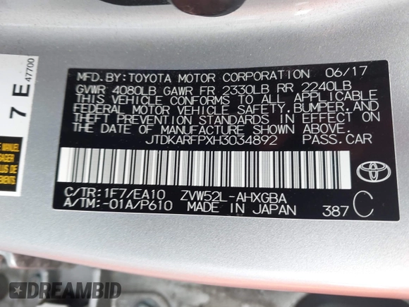 2017 Toyota Prius Plus z VIN JTDKARFPXH3034892, wystawiony jako IAAI lot #42376800 z przebiegiem 65 548 mil mil oraz . Historia ofert i sprzedaży dostępna na DreamBid. Obrazek 9.