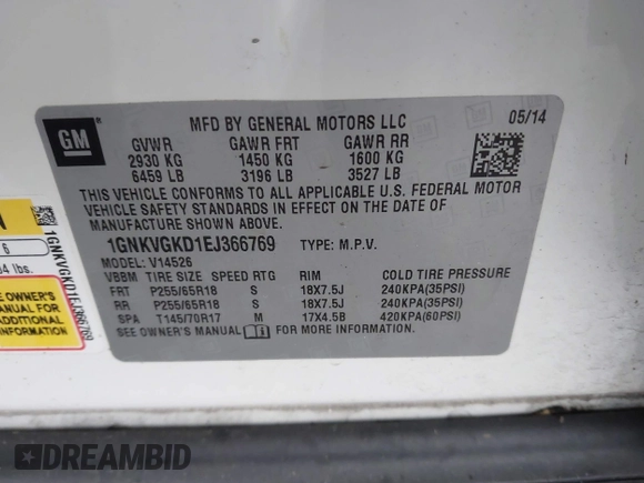 2014 Chevrolet Traverse LT with VIN 1GNKVGKD1EJ366769, listed as a IAAI auction lot 41301856 with 159,108 mi miles. Bid and sale history available at carsss.com. Image 9.