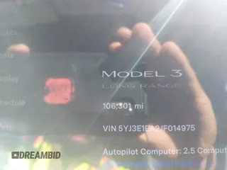 2018 Tesla Model 3 Long Range Battery with VIN 5YJ3E1EA2JF014975, listed as a IAAI auction lot 41319407 with 106,301 mi miles and . Bid and sale history available at DreamBid. Image 15.