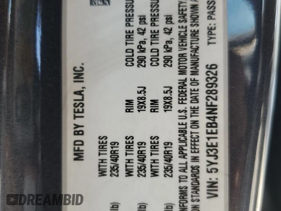 2022 Tesla Model 3 Long Range with VIN 5YJ3E1EB4NF289326, listed as a Copart auction lot 55457975 with 52,249 mi miles and Clean Title. Bid and sale history available at DreamBid. Image 12.