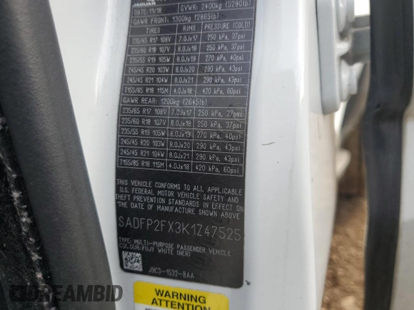 2019 Jaguar E-Pace SE with VIN SADFP2FX3K1Z47525, listed as a Copart auction lot 47121395 with 89,149 mi miles and Salvage Title. Bid and sale history available at DreamBid. Image 14.