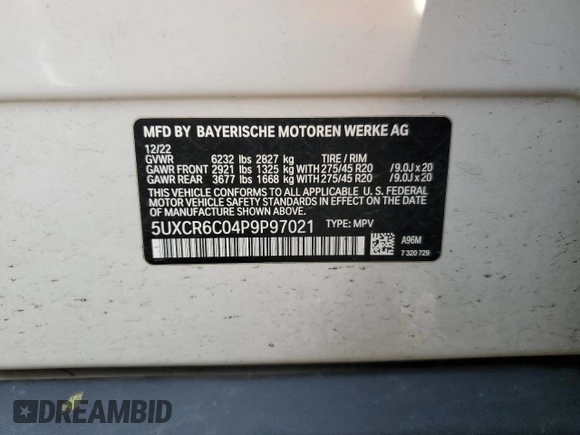 2023 BMW X5 xDrive40i with VIN 5UXCR6C04P9P97021, listed as a Copart auction lot 49247845 with 44,268 mi miles and Salvage Title. Bid and sale history available at DreamBid. Image 14.