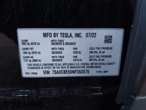 2022 Tesla Model X Plaid z VIN 7SAXCBE69NF352875, wystawiony jako IAAI lot #41964970 z przebiegiem 34 065 mil mil oraz . Historia ofert i sprzedaży dostępna na DreamBid. Obrazek 9.