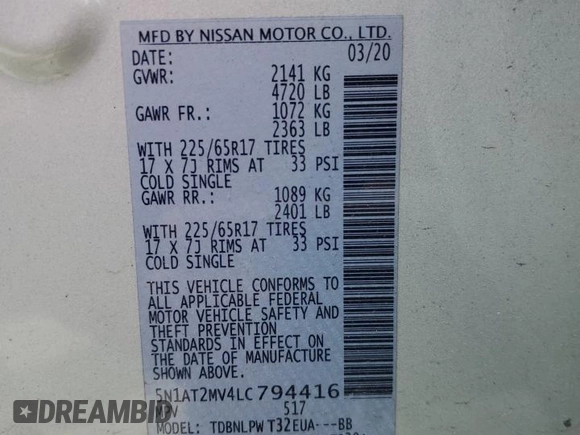 2020 Nissan Rogue SV z VIN 5N1AT2MV4LC794416, wystawiony jako Copart lot #55409355 z przebiegiem 53 389 mil mil oraz Szkoda całkowita • Salvage title. Historia ofert i sprzedaży dostępna na DreamBid. Obrazek 13.