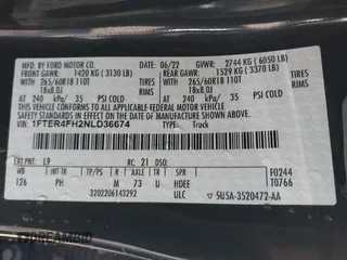 2022 Ford Ranger XL with VIN 1FTER4FH2NLD36674, listed as a IAAI auction lot 41272159 with 29,319 mi miles and . Bid and sale history available at DreamBid. Image 9.