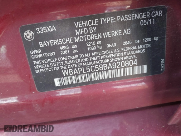 2011 BMW 3 Series 335i xDrive with VIN WBAPL5C58BA920804, listed as a IAAI auction lot 41288131 with 114,460 mi miles and . Bid and sale history available at DreamBid. Image 9.