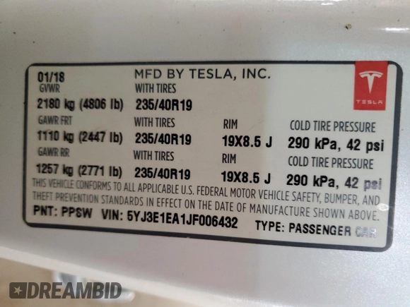 2018 Tesla Model 3 Long Range Battery with VIN 5YJ3E1EA1JF006432, listed as a Copart auction lot 47820855 with 66,032 mi miles and Salvage Title. Bid and sale history available at DreamBid. Image 14.