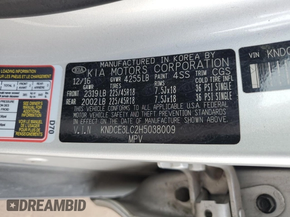 2017 Kia Niro Touring with VIN KNDCE3LC2H5038009, listed as a Copart auction lot 56413204 with 103,656 mi miles and Salvage Title. Bid and sale history available at carsss.com. Image 15.