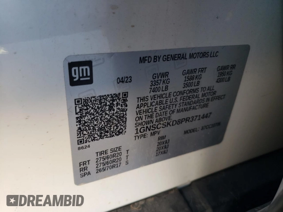2023 Chevrolet Tahoe Premier with VIN 1GNSCSKD8PR371447, listed as a Copart auction lot 75280014 with 50,396 mi miles and Clean title. Bid and sale history available at DreamBid. Image 13.