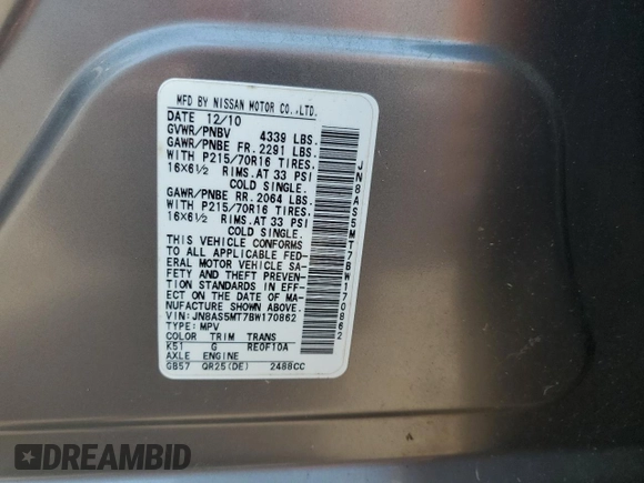 2011 Nissan Rogue S z VIN JN8AS5MT7BW170862, wystawiony jako Copart lot #60115195 z przebiegiem Nie podano mil oraz Szkoda całkowita • Salvage title. Historia ofert i sprzedaży dostępna na DreamBid. Obrazek 13.